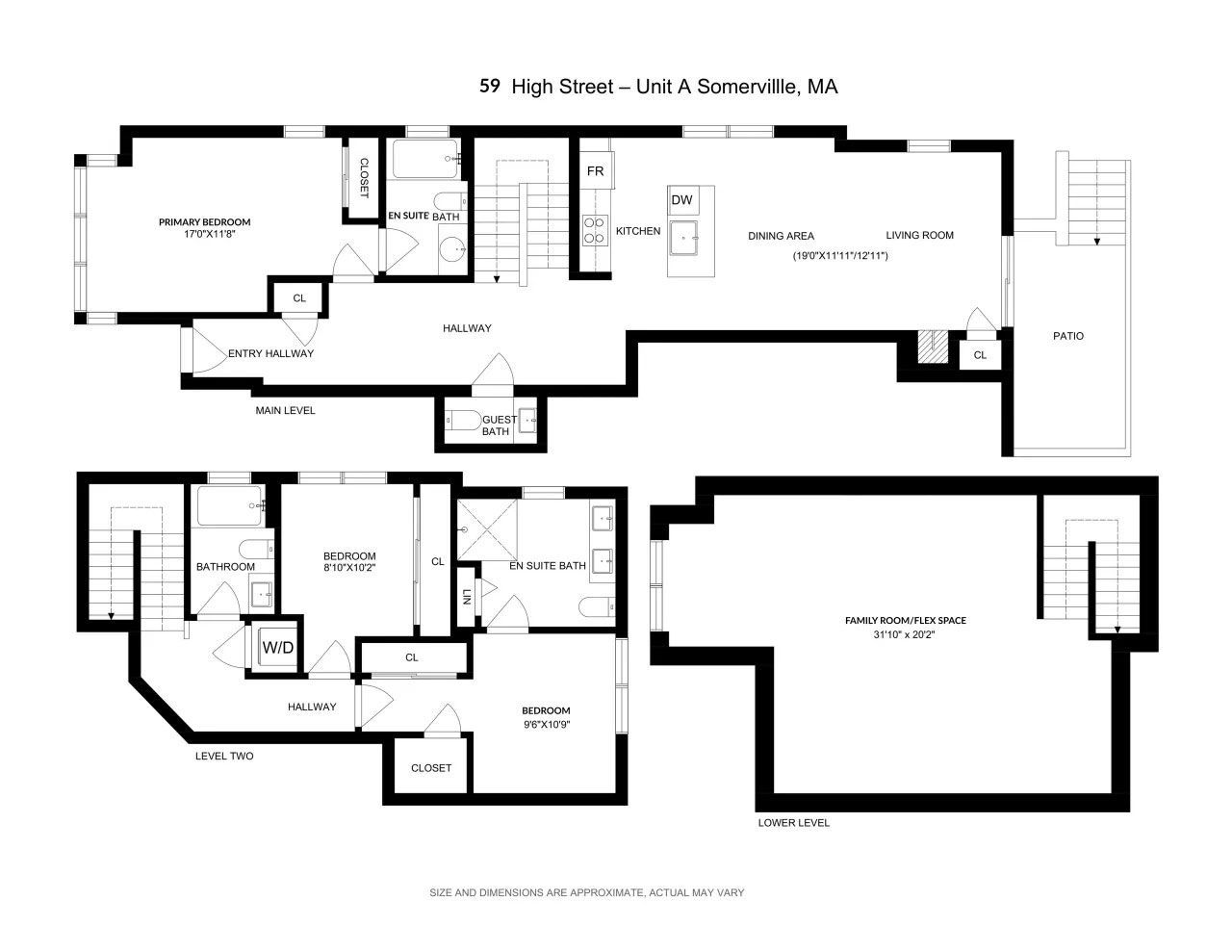 Black-and-white real estate floor plan layout with three unit diagrams and room labels