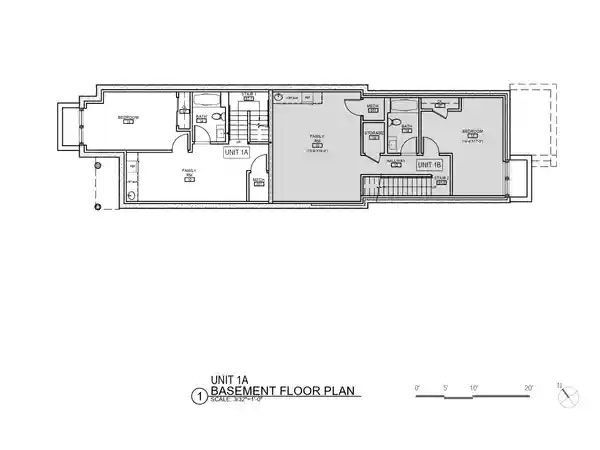Basement floor plan of Unit 1A, showing rooms, stairs, and measurements, with scale at bottom right.