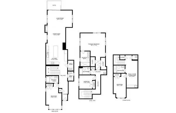 Floor plan showing three levels of a house; includes rooms, stairs, and structural elements.