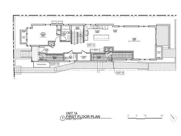 Architectural floor plan of a building's first floor, labeled Unit A. Contains stairwells, units, and exterior spaces.