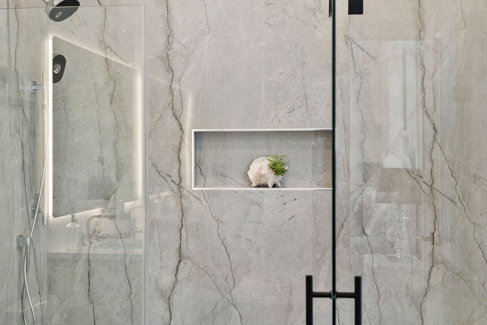 Shower with marble-look tile, glass door, and built-in shelf holding a small plant.