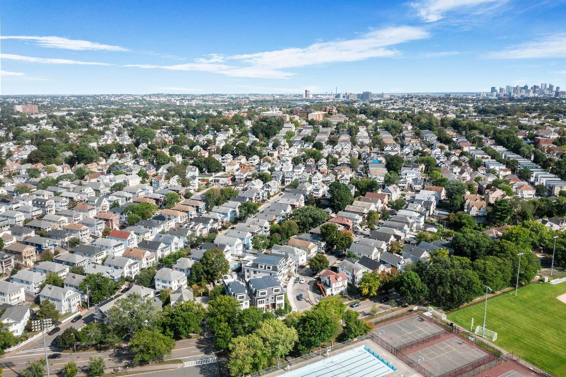 Aerial view of a densely packed neighborhood with houses, trees, and a distant city skyline under a clear sky.