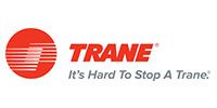 Trane logo with red striped circle and red wordmark, plus the slogan “It’s Hard To Stop A Trane.”