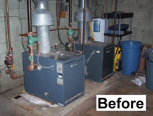 Basement utility room with two blue-gray furnaces and pipes, labeled “Before”