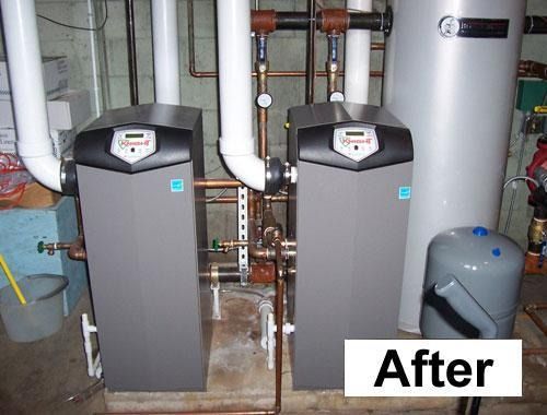 Before-and-after view of two gray boiler units in a basement utility room with pipes and tanks.