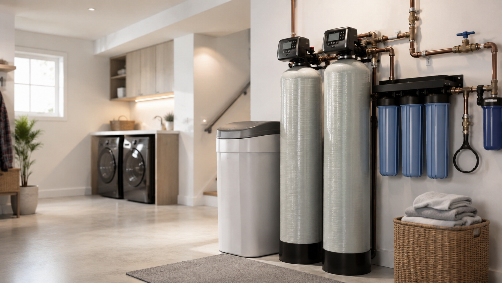 Water filtration system with tanks and pipes in a modern laundry room beside a washer and dryer.