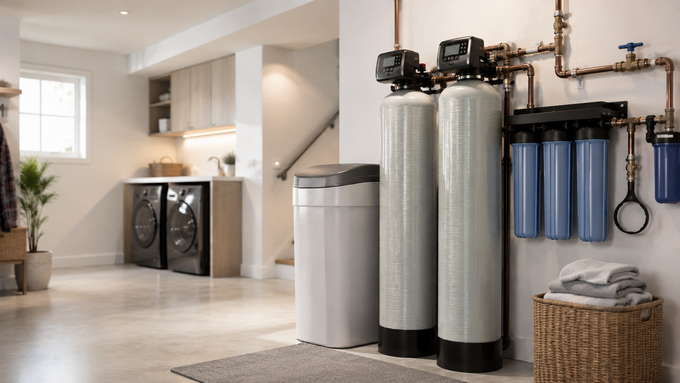 Water filtration system with tanks and pipes in a modern laundry room beside a washer and dryer.