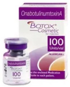 Botox Cosmetic vial and box, purple and white, labeled