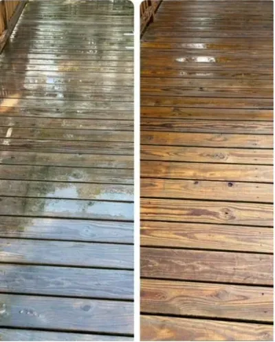 Two deck sections; one wet and grey, one dry and showing wood grain after cleaning.