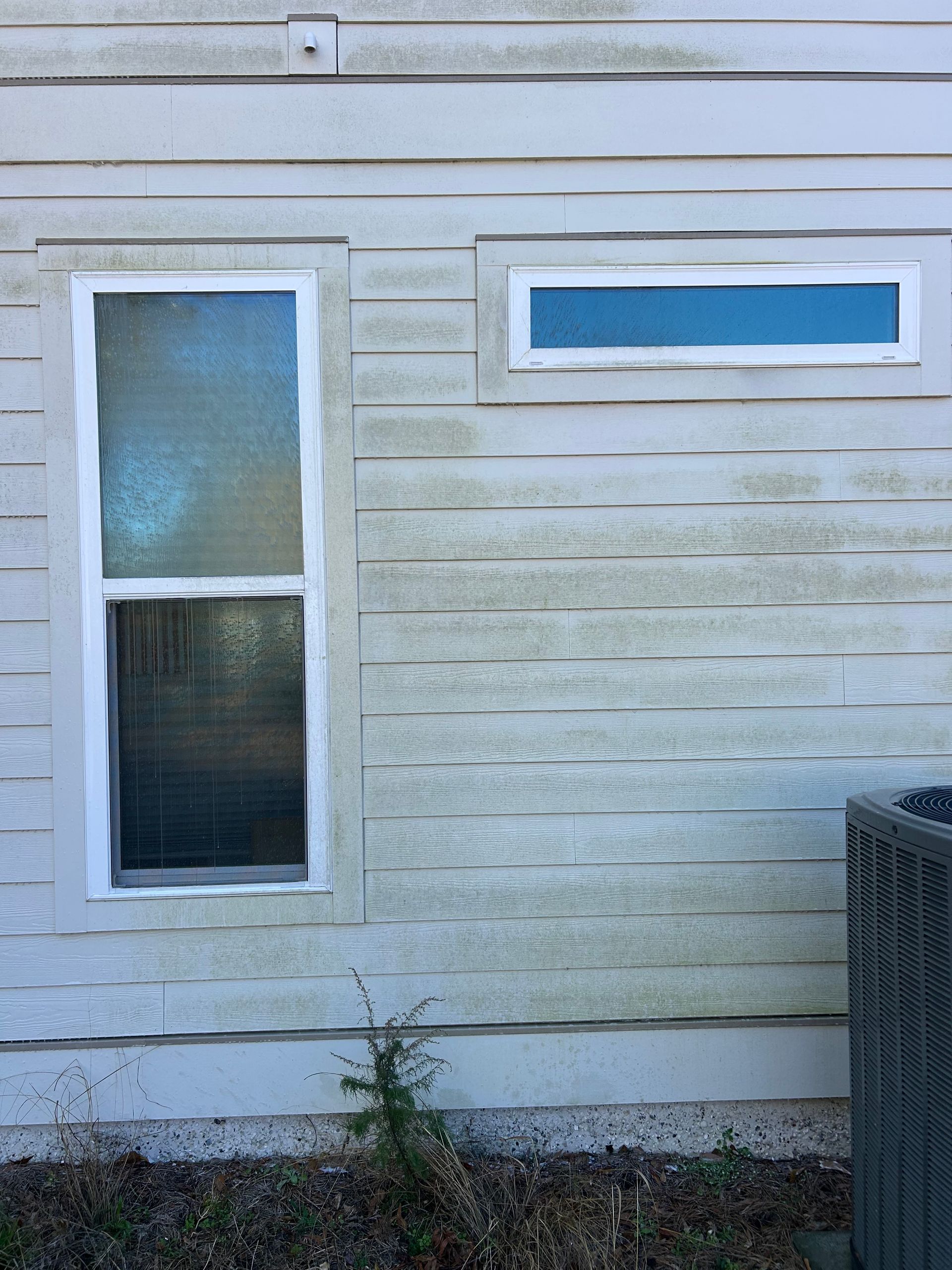 Off-white house siding with two windows. The siding has significant dirt/mold. A/C unit is visible.