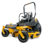 A yellow and black lawn mower on a white background