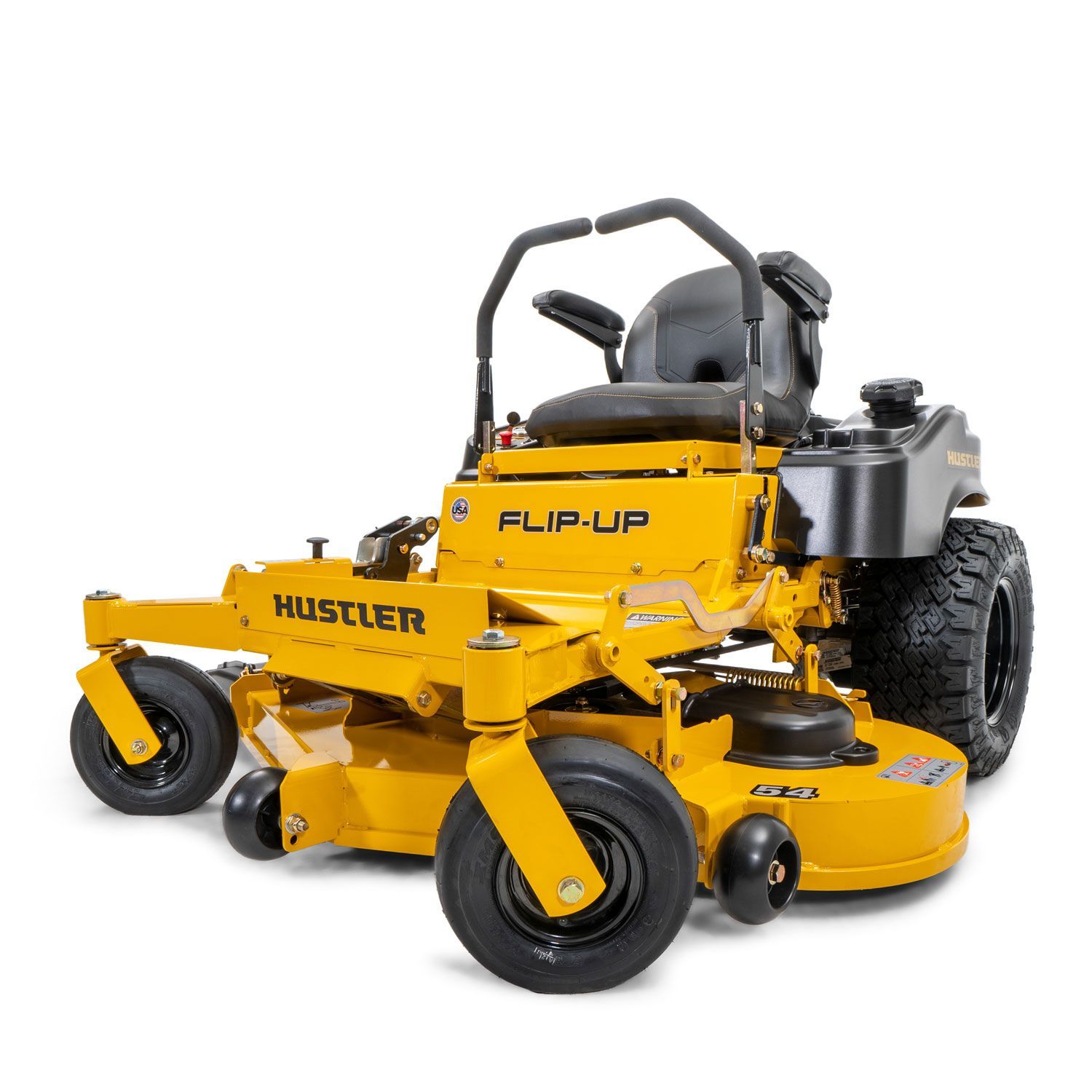 A yellow hustler mower is sitting on a white surface