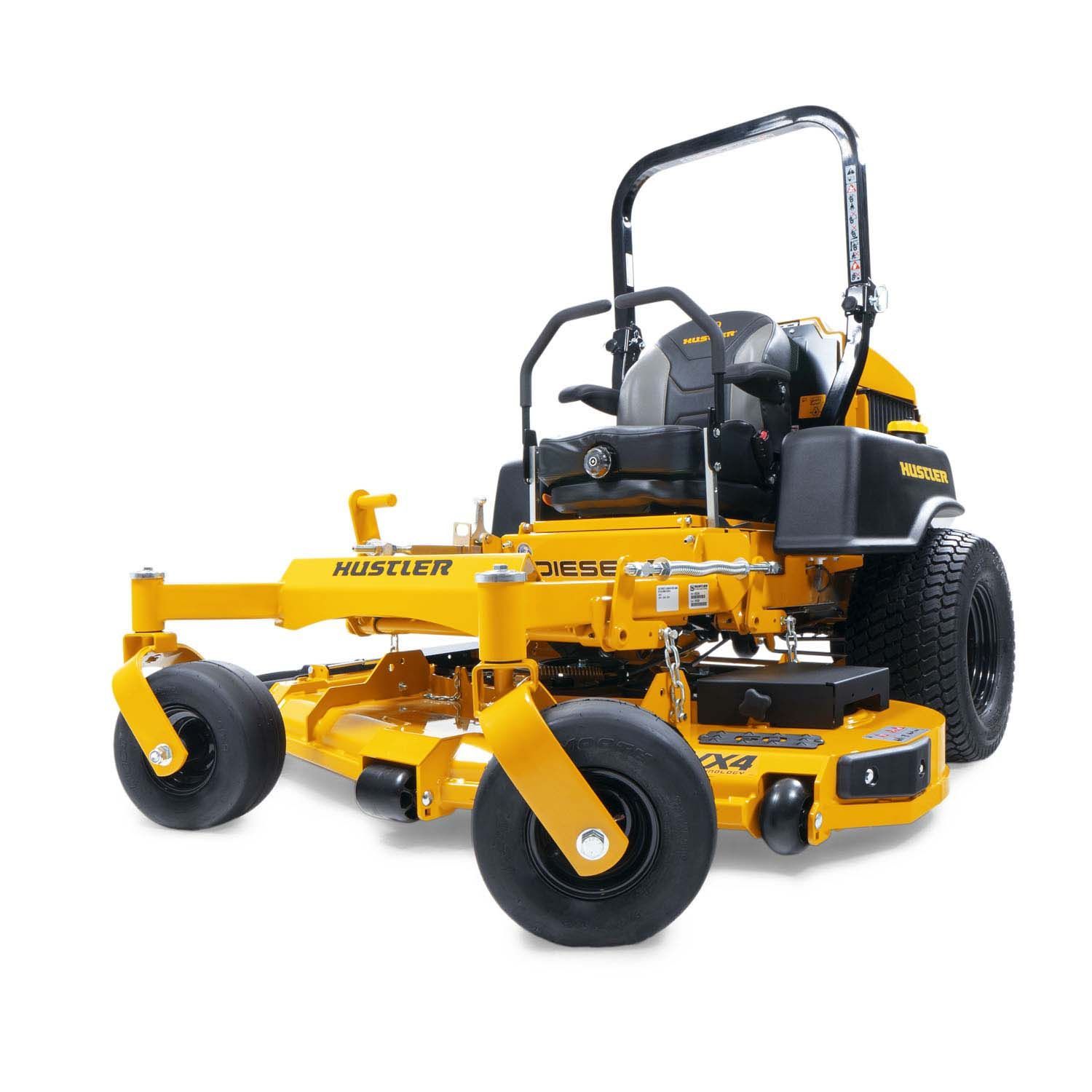 A yellow lawn mower is sitting on a white surface
