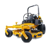 A yellow lawn mower is sitting on a white surface