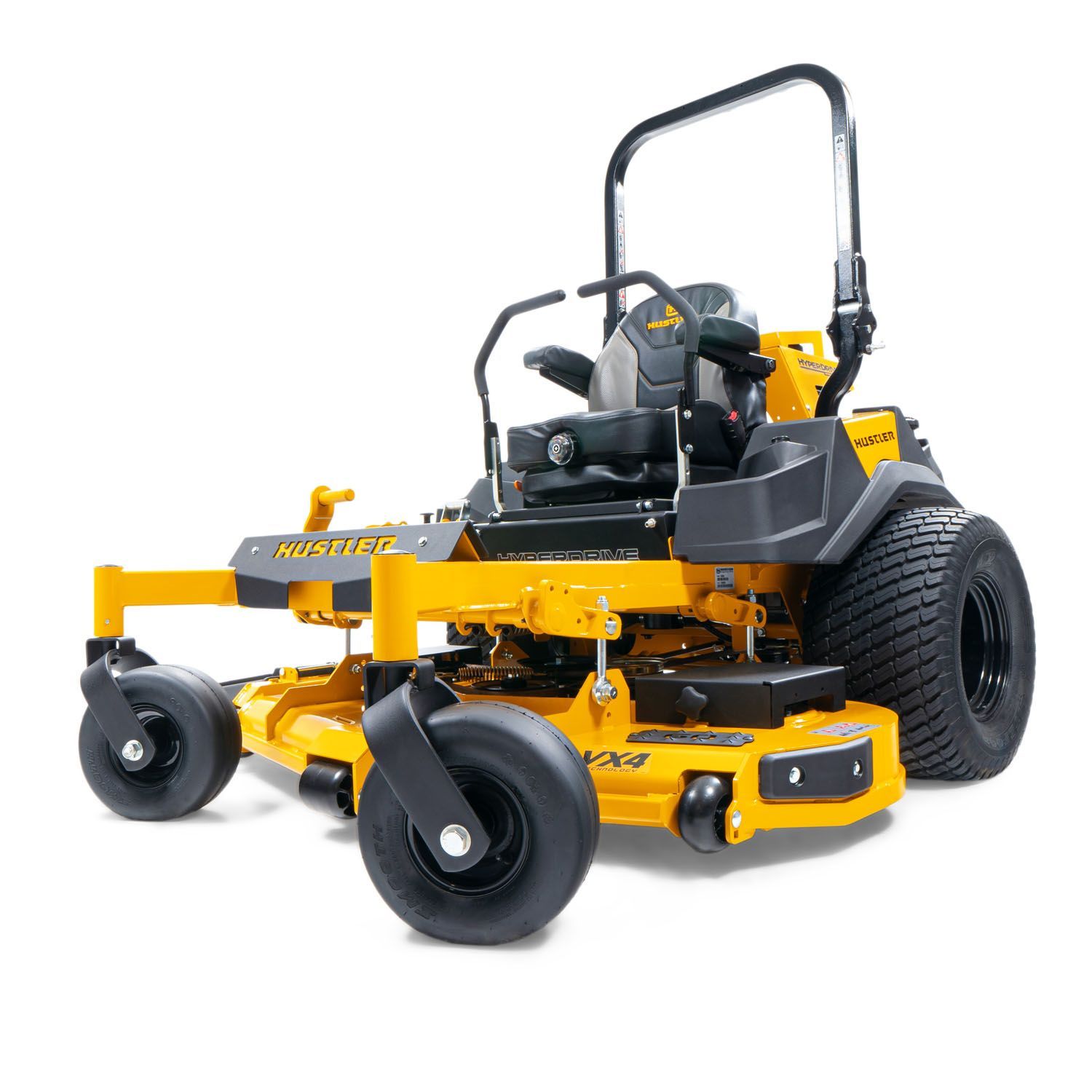 A yellow lawn mower with black wheels on a white background