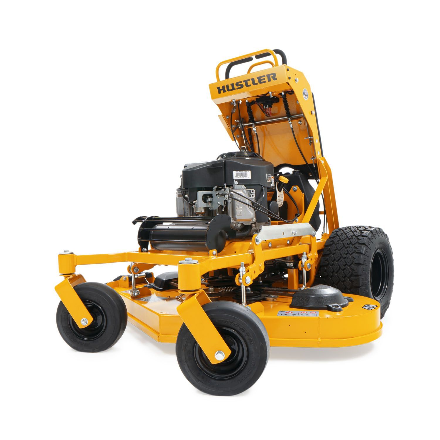 A yellow lawn mower with the hood up on a white background