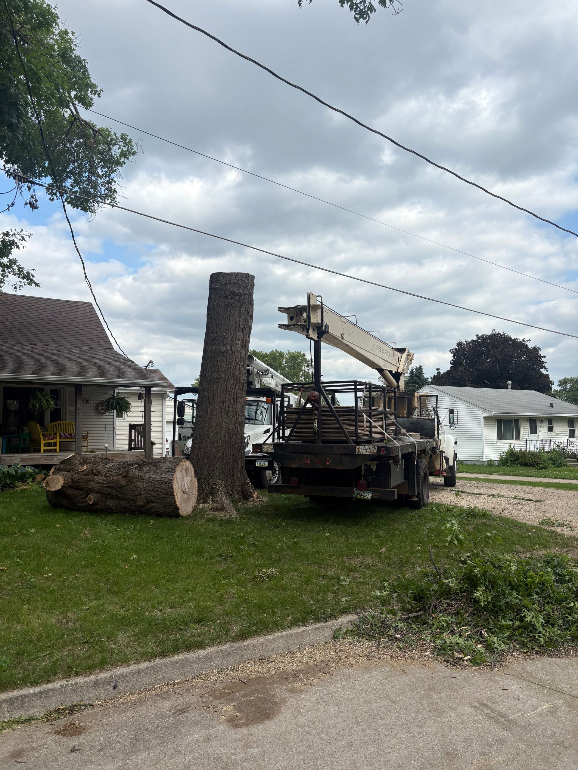 Tree removal truck next to a house, cutting a large tree trunk.