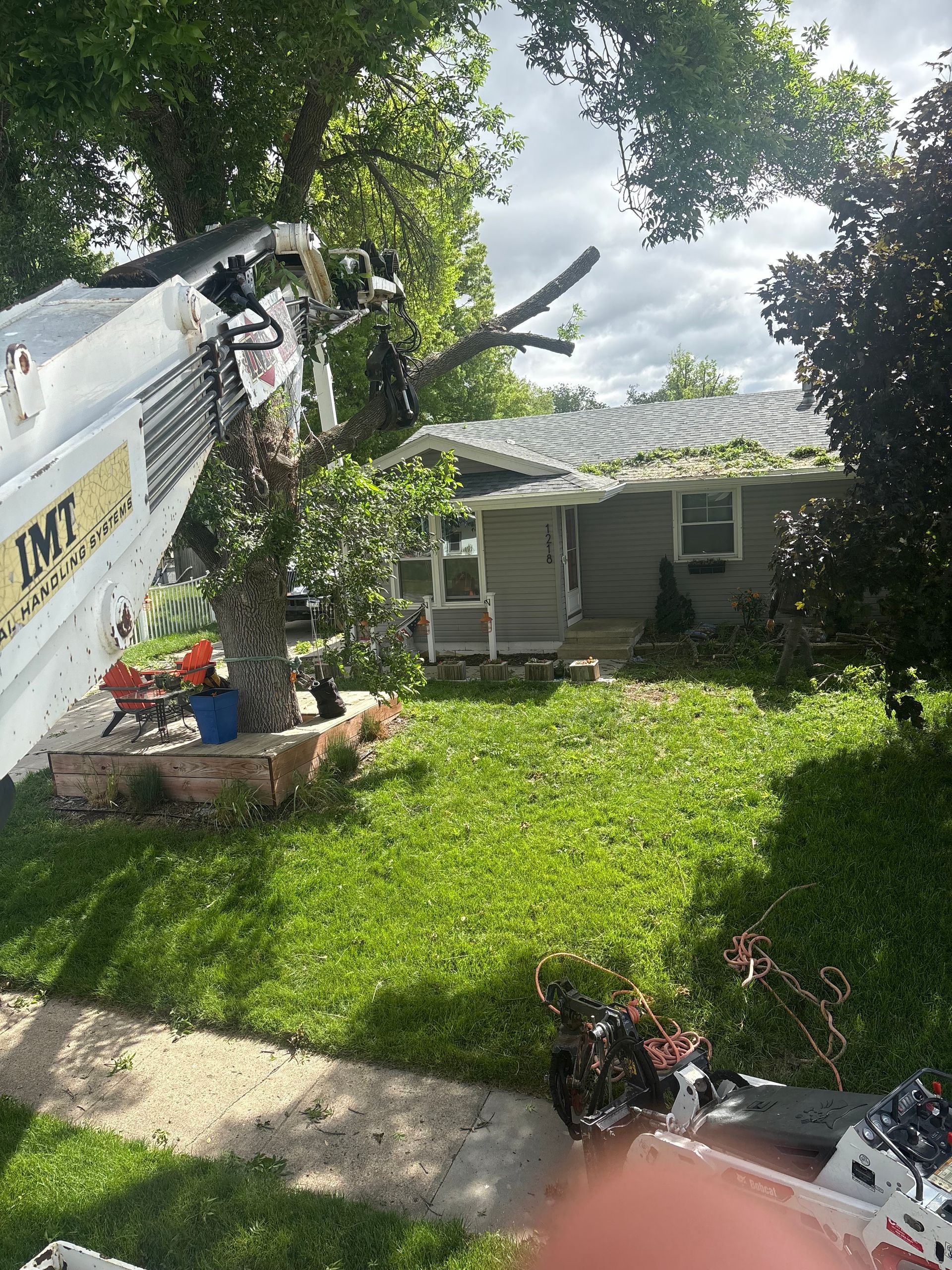 Tree trimming a house with a boom lift. Green lawn, gray siding, and sunny day.