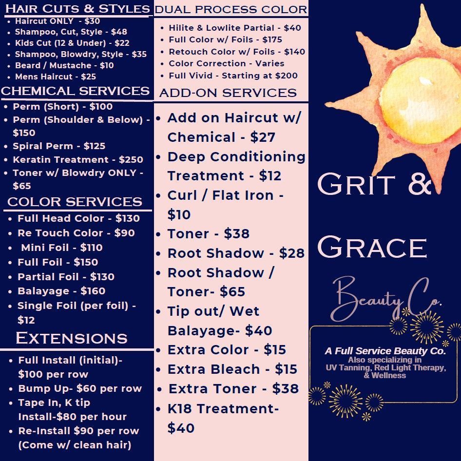 Hair salon menu with services like haircuts, color, extensions, and add-ons. Features a sun logo.