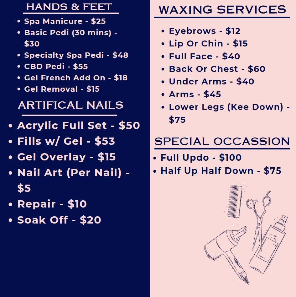 Price list for hands, feet, artificial nails, waxing, and special occasion services.