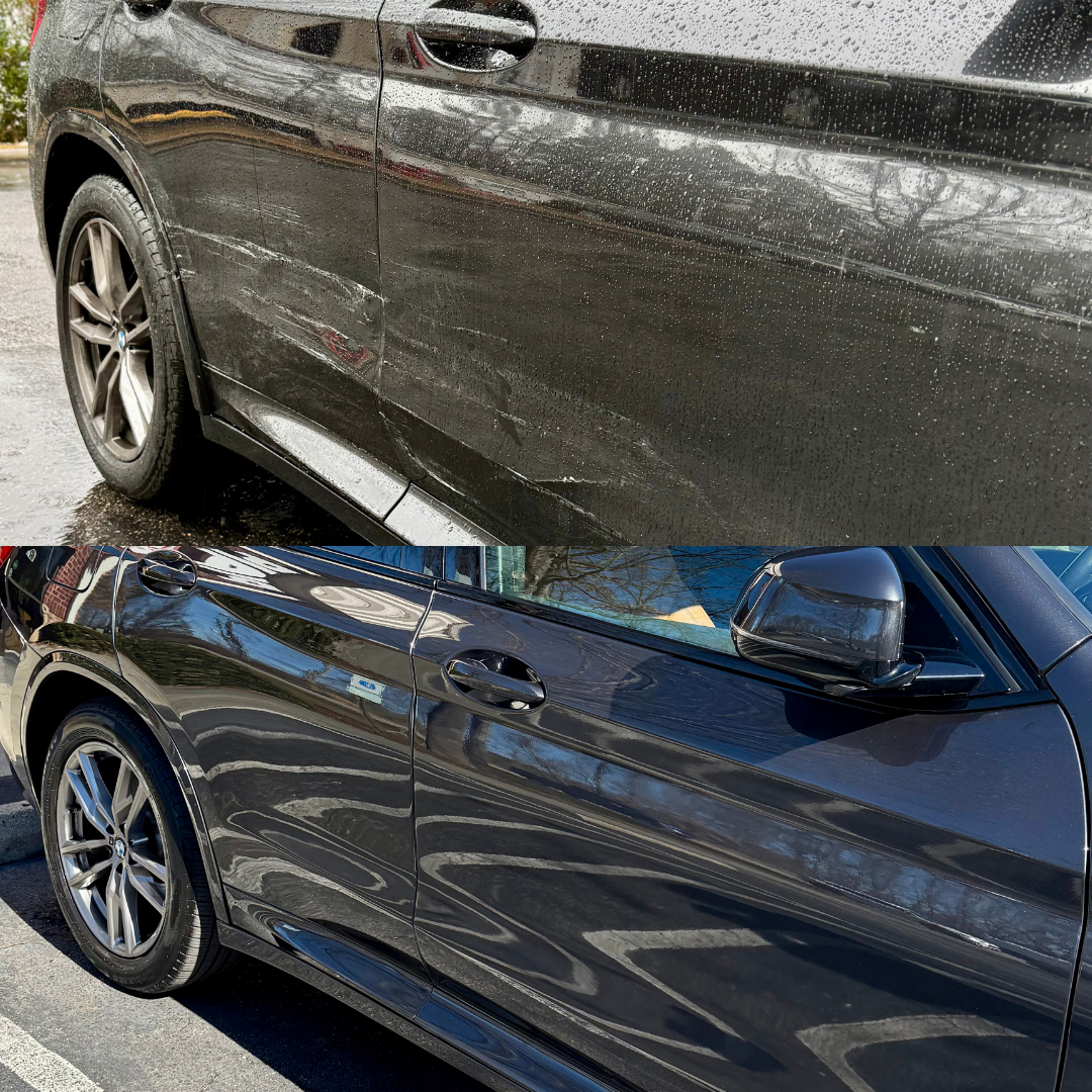 Before and after of a black car door with scratches. After, the door looks glossy and unscratched.