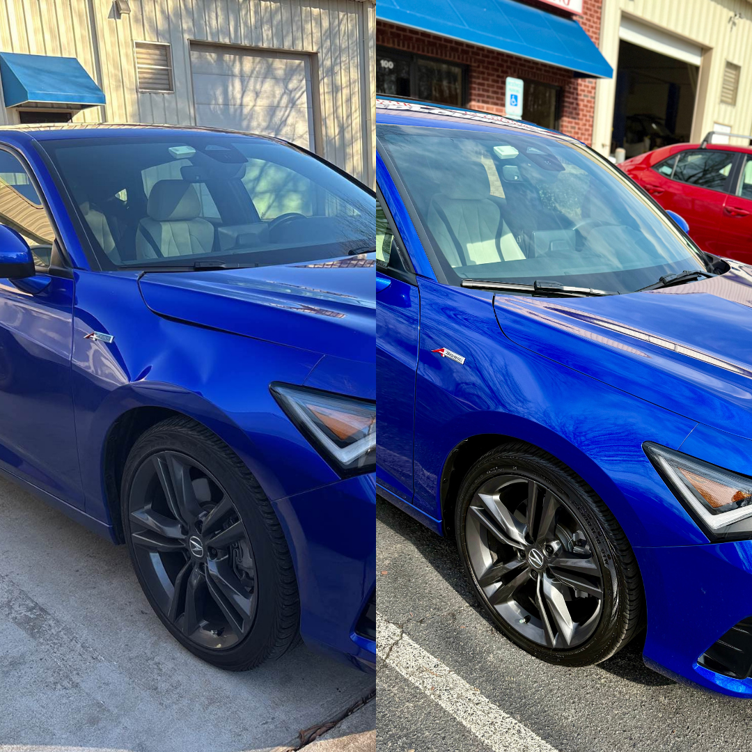 Blue car with dented panel before (left) and repaired panel after (right) in outdoor setting.