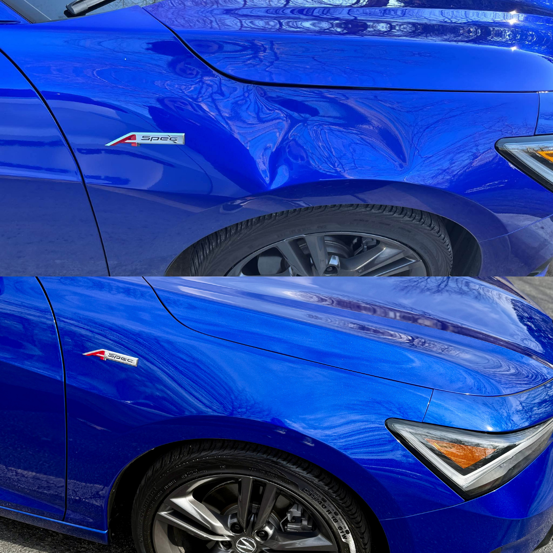 Top: Blue car with dented front fender. Bottom: Same car with the dent repaired.
