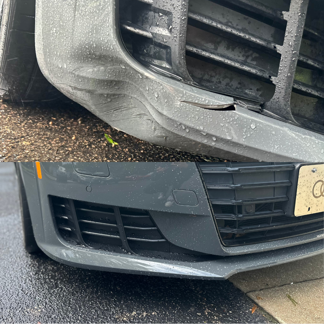 Damaged gray car bumper, before and after repair.