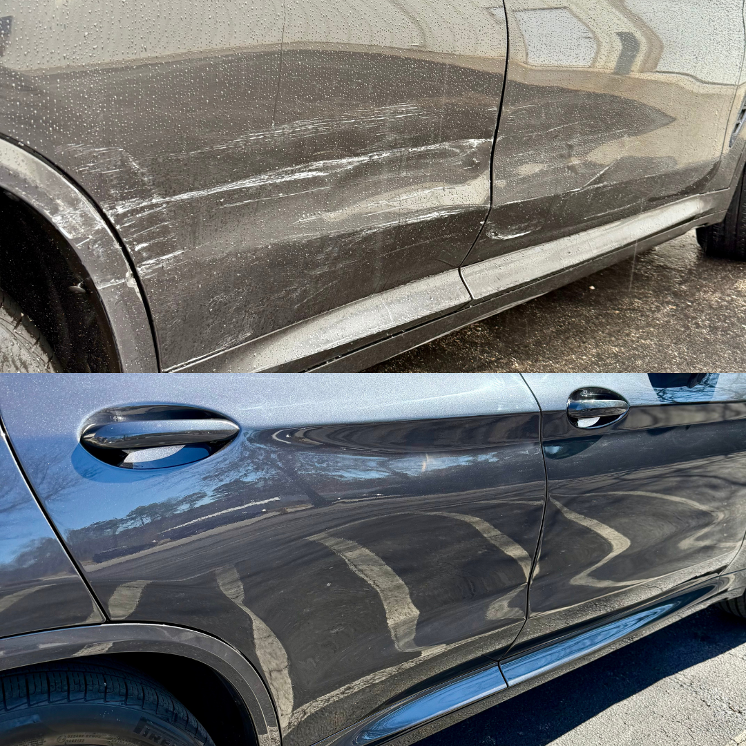 Before-and-after of a car door. Top: damaged, scratched. Bottom: repaired, shiny, gray.
