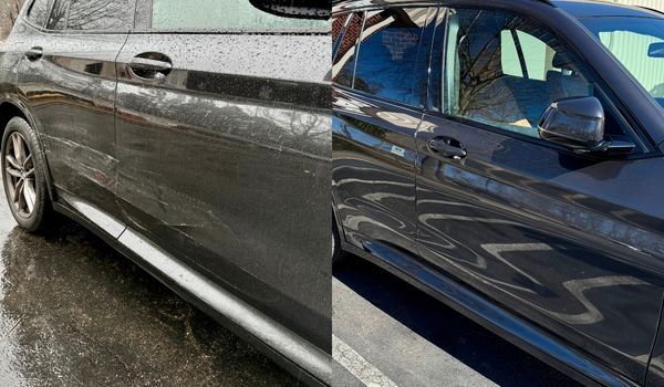 Two side-by-side photos of a black car. The first is wet, with rain. The second, in sunlight, is dry and clean.