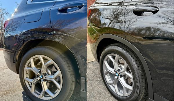 Side-by-side comparison of a black car's fender, before and after repair, showing a shiny, dent-free finish.