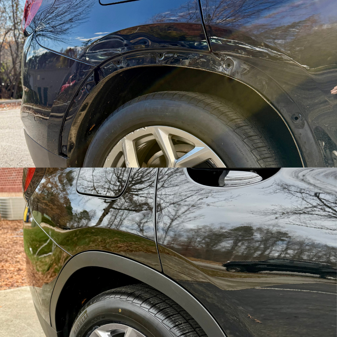 Black car's rear side, before and after photo, shows the wheel well with a newly-applied black trim, on a sunny day.