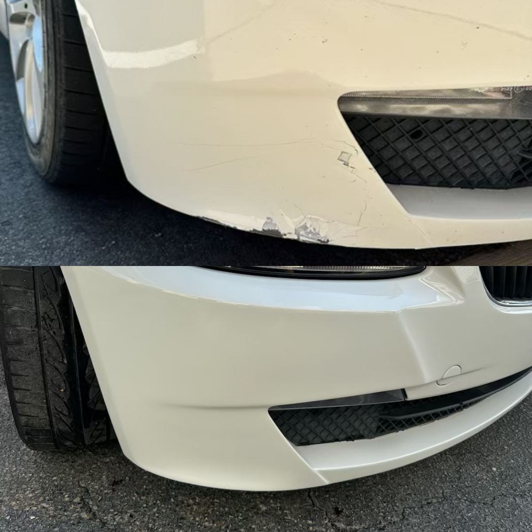 Car bumper with before and after paint repair. Bumper is white with black grill and tire on left.
