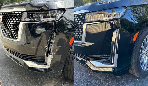 Comparison: Black SUV with a damaged front bumper before and after repair.