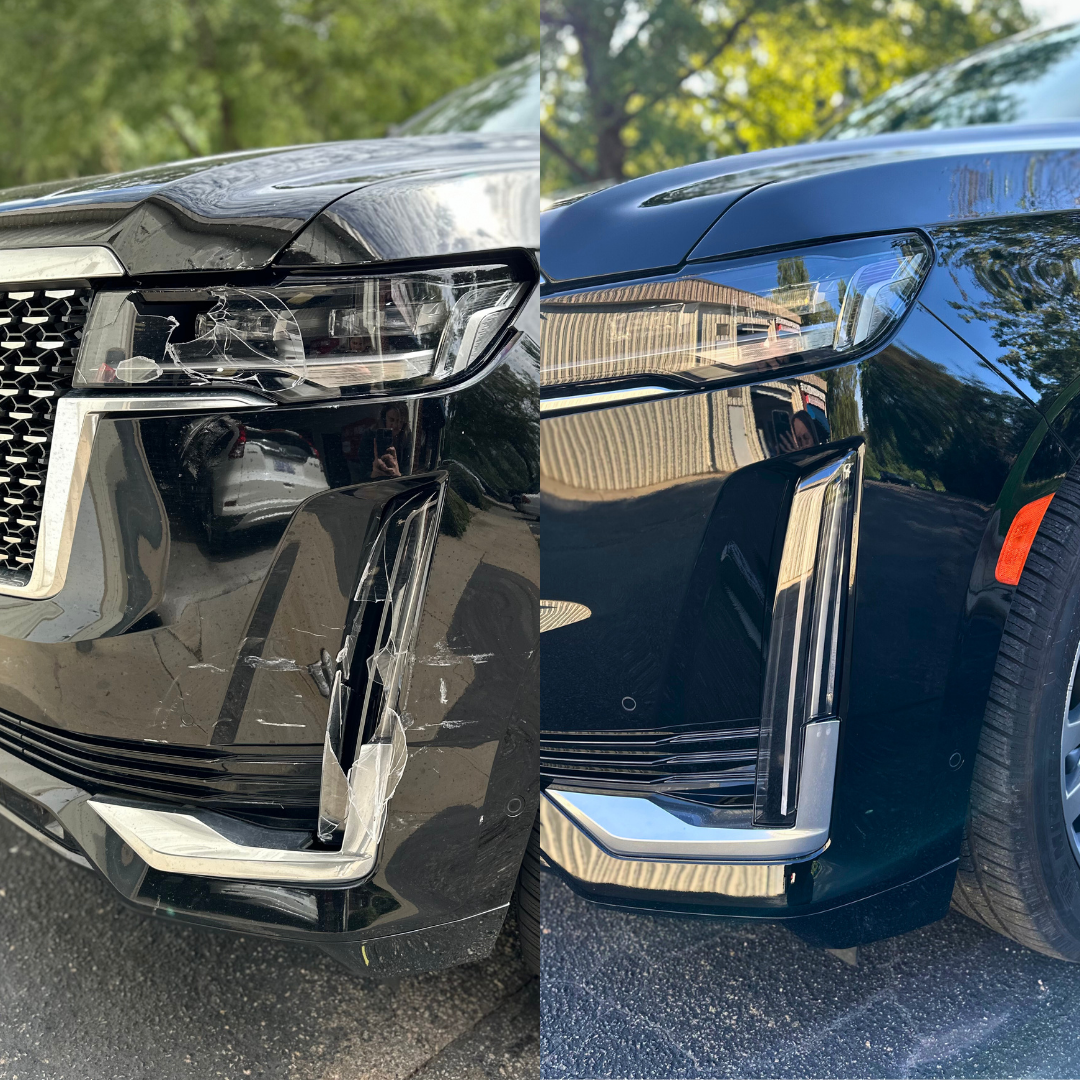 A black SUV before and after collision repair: damage on left, repaired and polished on right.