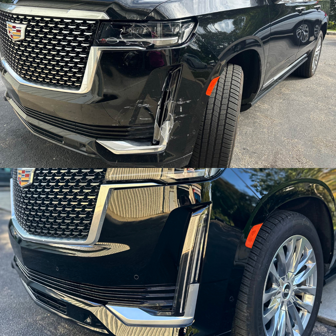 Black Cadillac SUV before and after repair of front bumper damage.