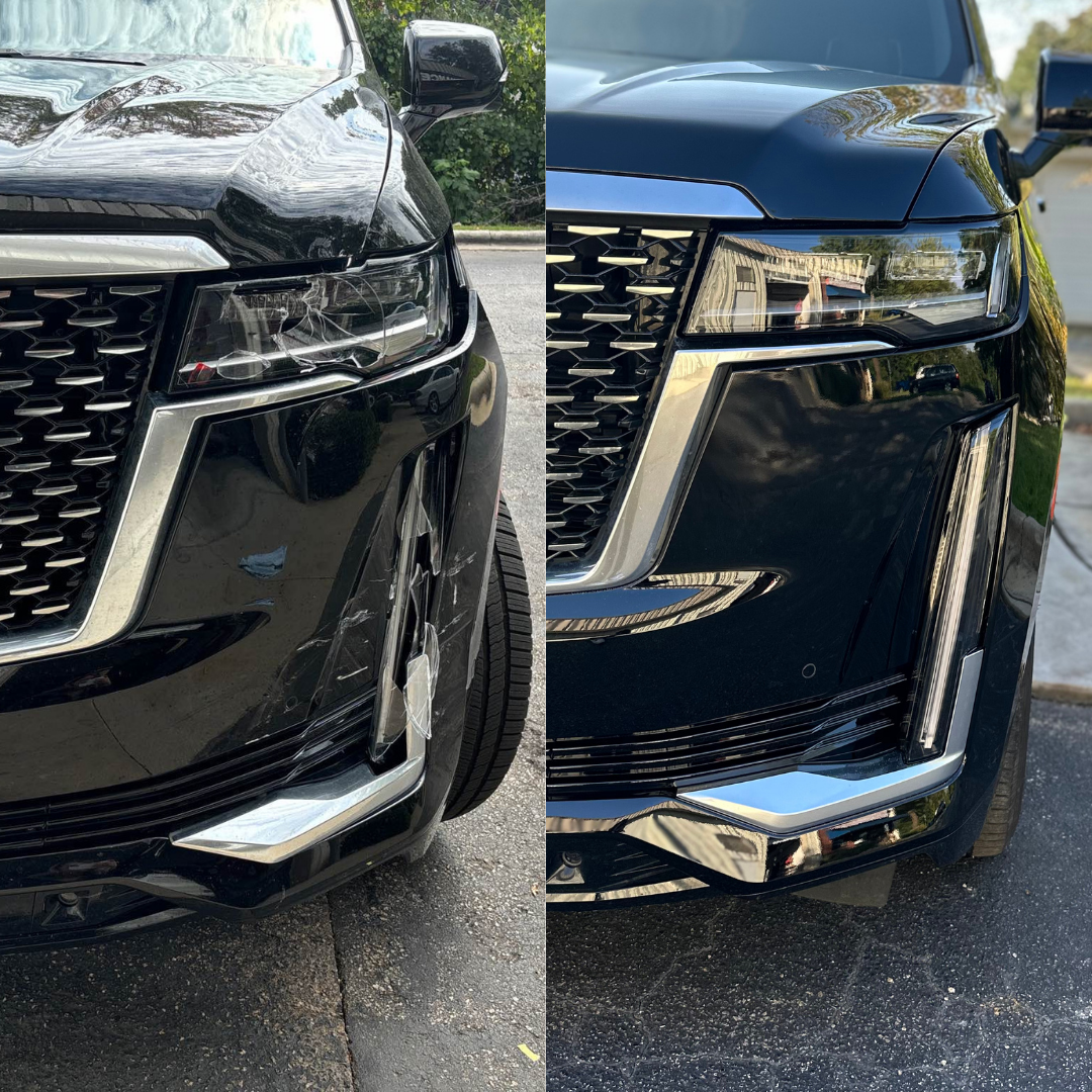 A black SUV with damage on the left side before and after repair, showing a repaired bumper.