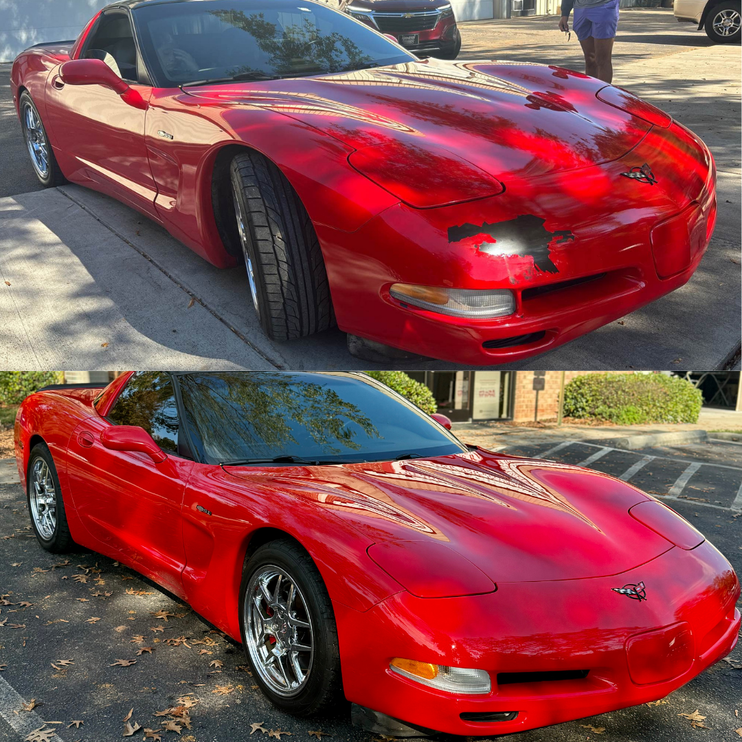 Two red Chevrolet Corvette sports cars; one shows wear and tear, the other is in pristine condition.