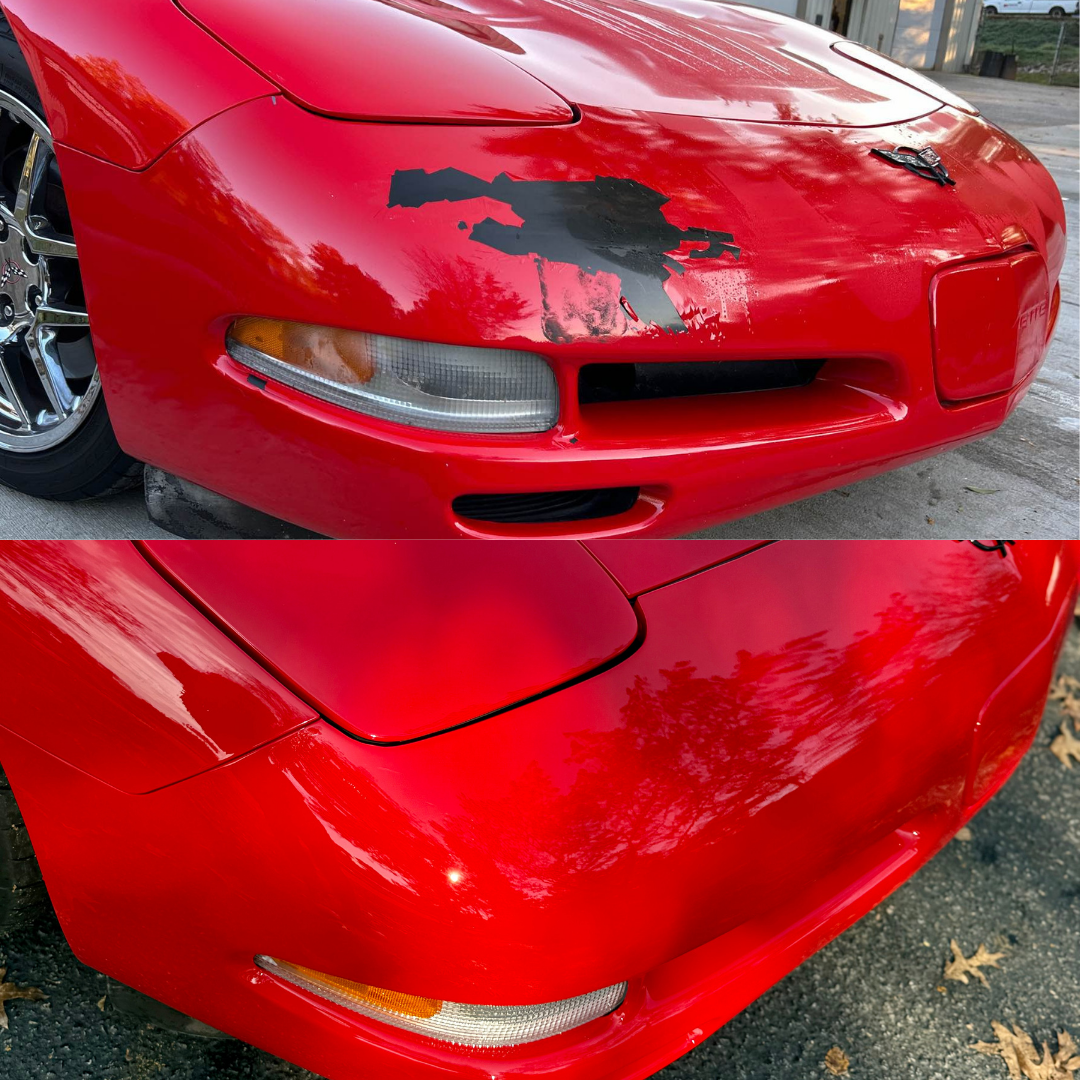 Comparison of a red Corvette's front bumper: before (damaged paint) and after (repainted, glossy finish).
