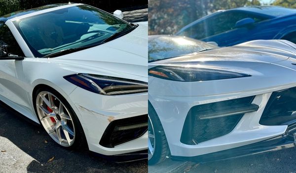 Two white Chevrolet Corvette sports cars side-by-side, the left car slightly closer with red brake calipers.