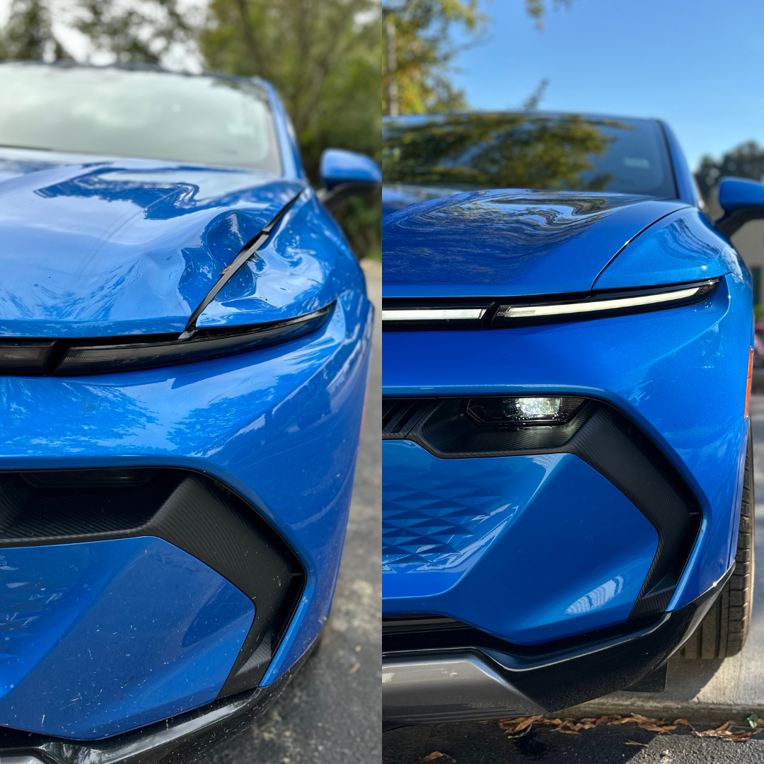 Two blue electric SUVs, front view, side-by-side, showcasing distinct angles and headlights.