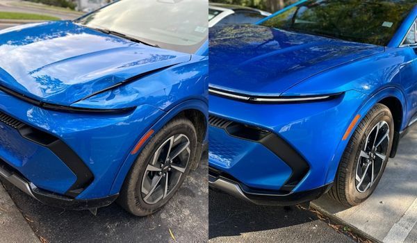 Blue car before and after repair; front-end damage fixed.