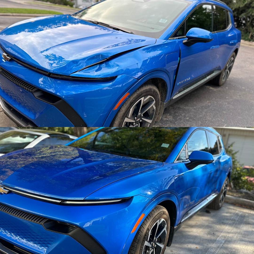 Blue Chevy SUV, before and after repairs. Front fender and hood dented, then pristine.