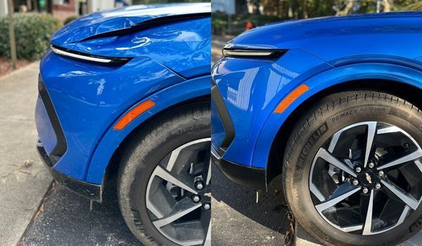 Blue car, damaged front quarter panel versus repaired; parked outdoors.