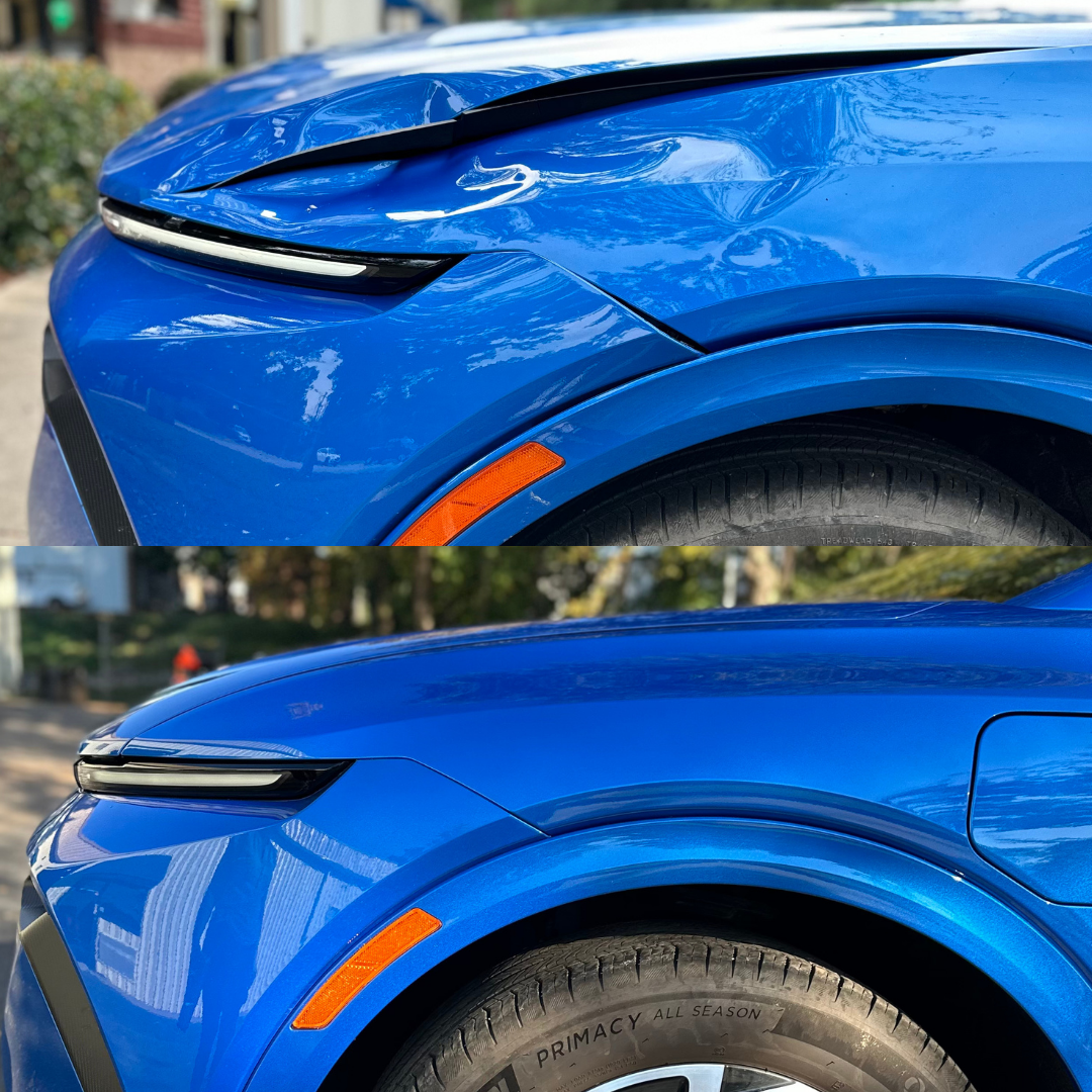 Top: Blue car with a crumpled hood. Bottom: Same blue car, hood repaired.