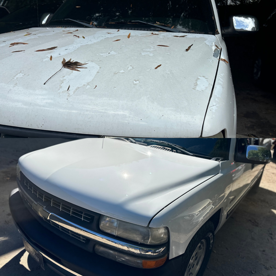 White truck with peeling paint on top, then repainted with a shiny finish.