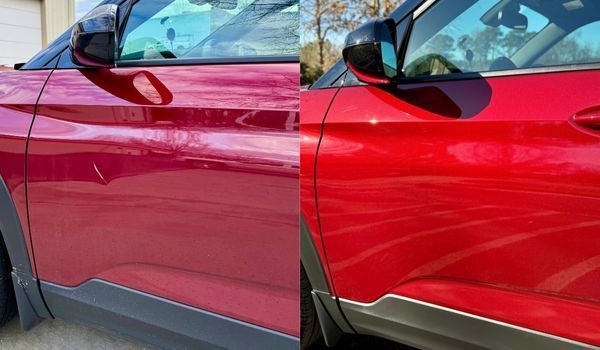 Before and after of a red car door, showing scratch removal.