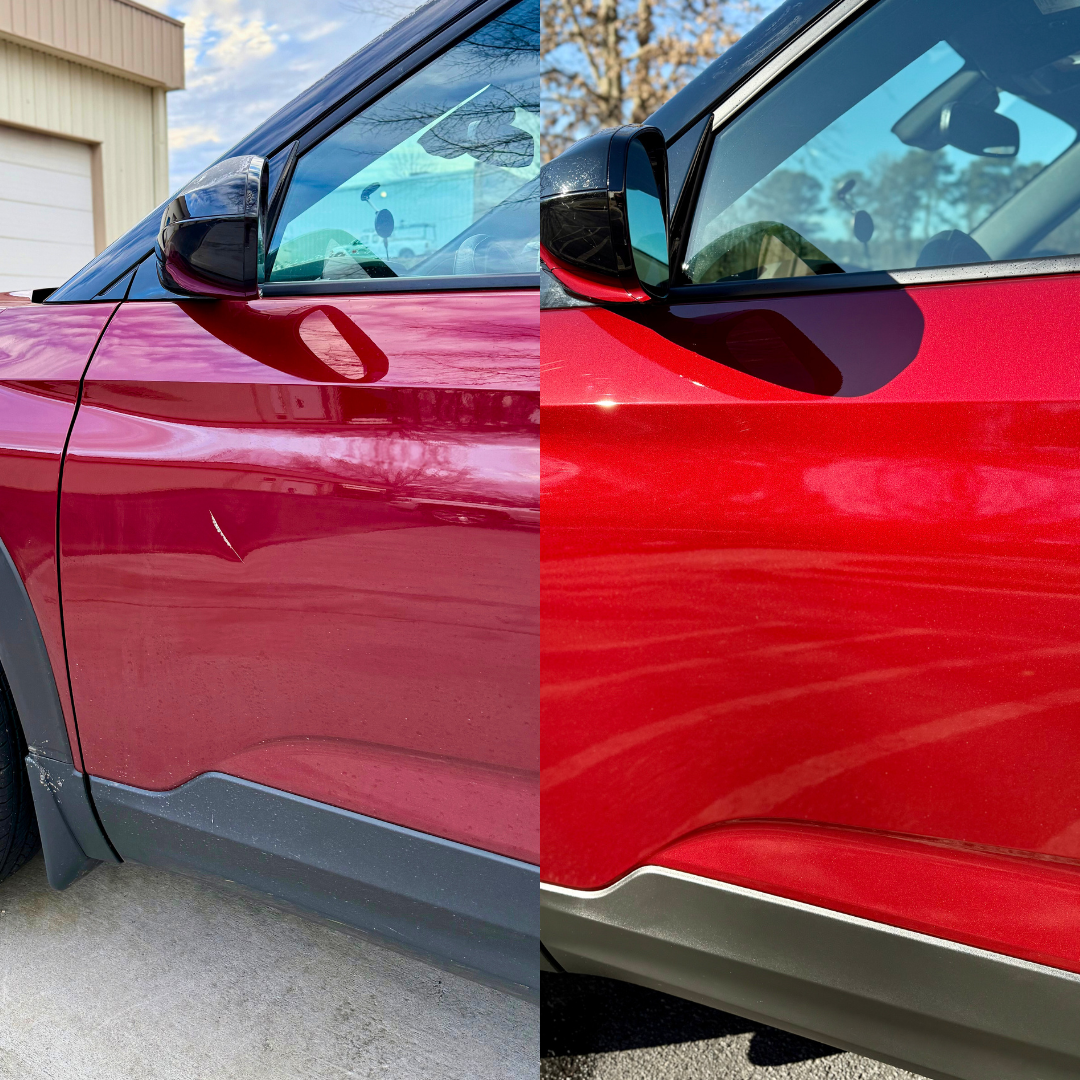 Red car door with scratches on the left, polished and restored to a smooth finish on the right.
