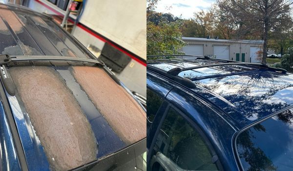Before-and-after of a blue car roof. Old, faded paint is compared to a shiny, new surface.
