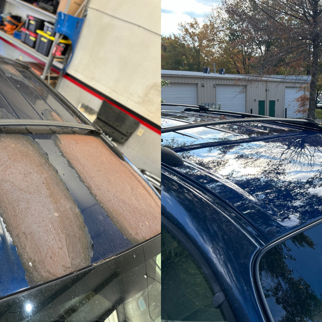 Before and after shots of a car roof, showing paint restoration from a faded, rusted appearance to a shiny blue finish.
